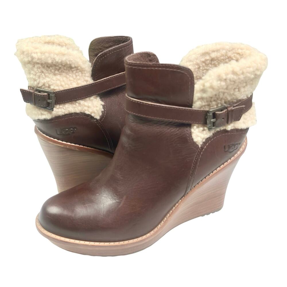 Ugg | Women | Anais Leather Sheepskin Shearling Stacked Wedge Booties | Sz 11